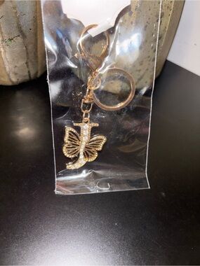 Gold Butterfly J Initial Keychain with Crystals